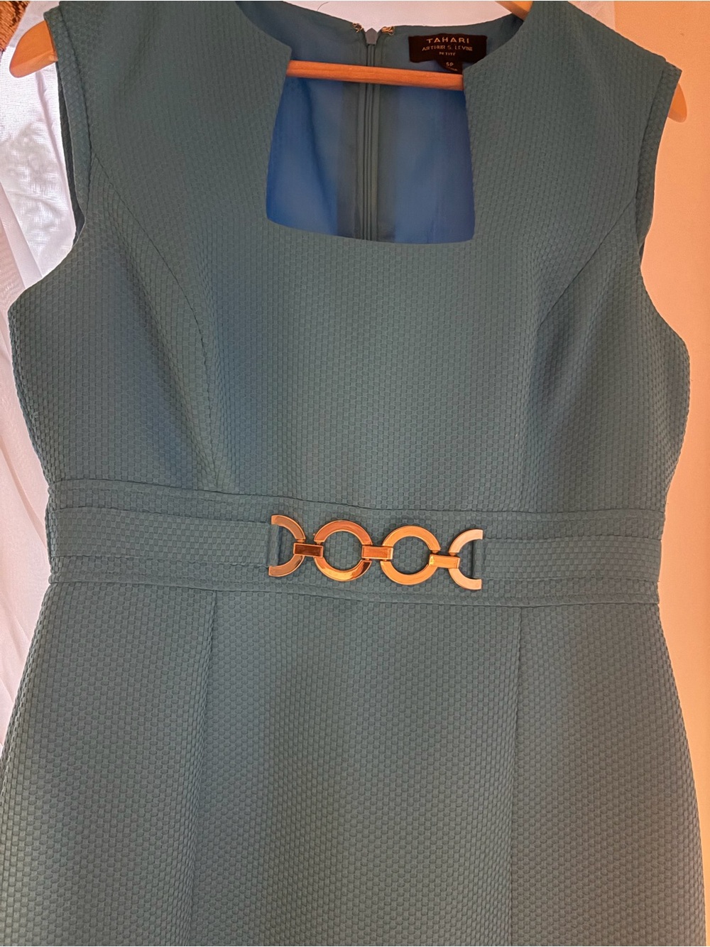 Tahari Teal Sheath Dress with Gold-Tone Waist Accent